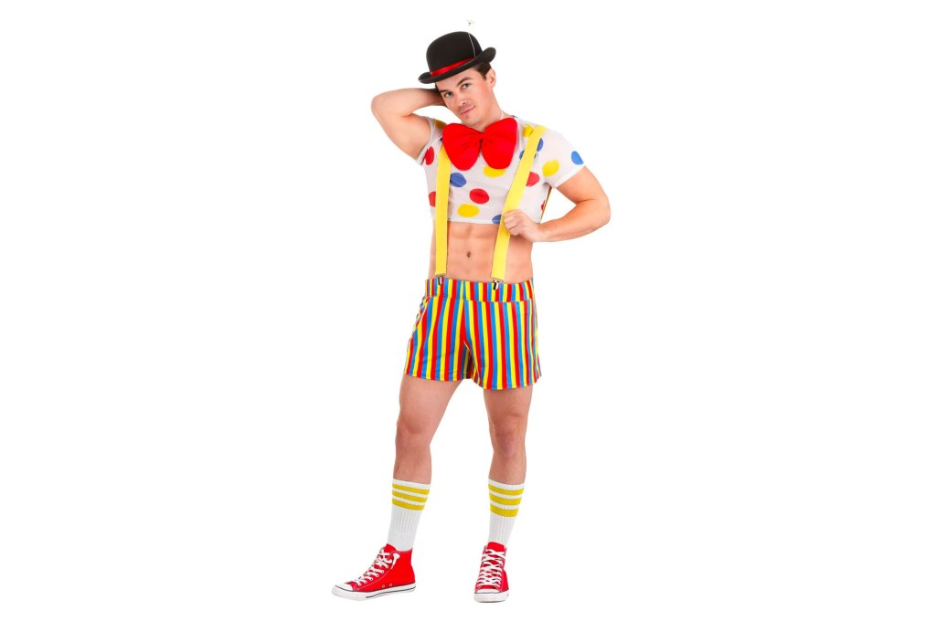 A man dressed in a clown costume.